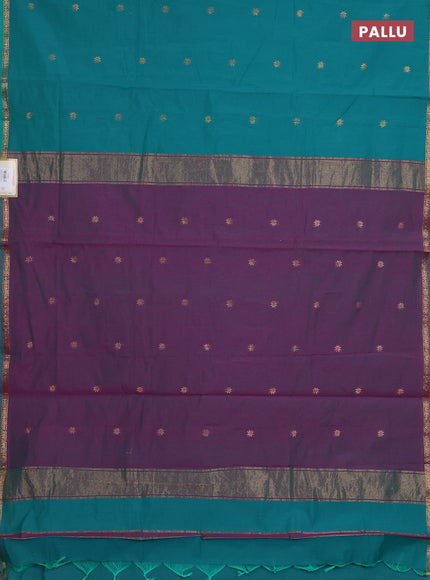 Semi maheswari cotton saree teal green and purple shade with zari woven buttas and small zari woven border