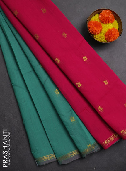 Semi maheswari cotton saree teal green and pink with zari woven buttas and small zari woven border