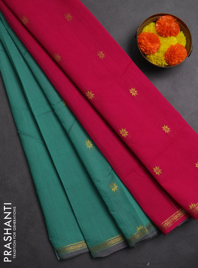 Semi maheswari cotton saree teal green and pink with zari woven buttas and small zari woven border