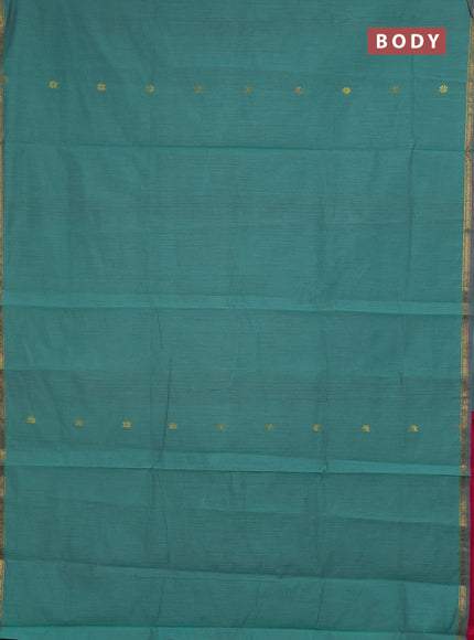 Semi maheswari cotton saree teal green and pink with zari woven buttas and small zari woven border
