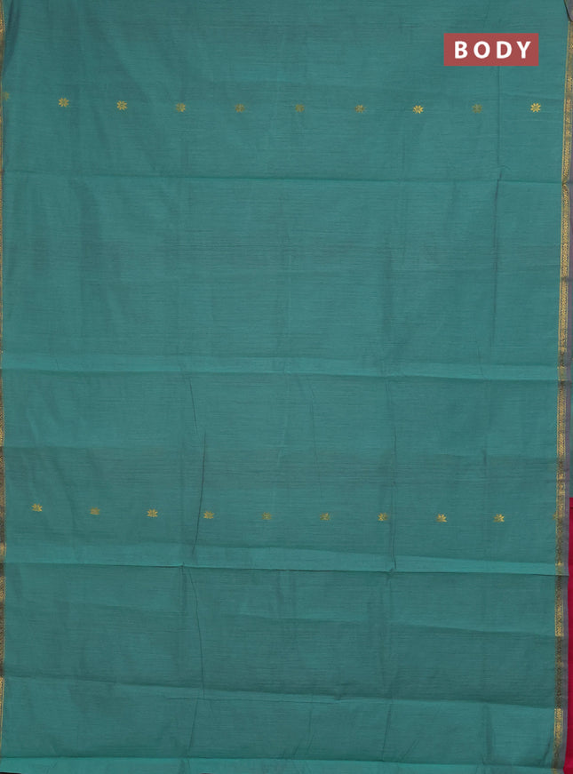 Semi maheswari cotton saree teal green and pink with zari woven buttas and small zari woven border