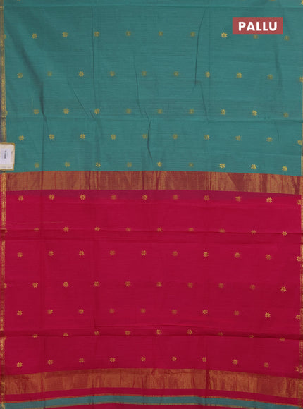 Semi maheswari cotton saree teal green and pink with zari woven buttas and small zari woven border