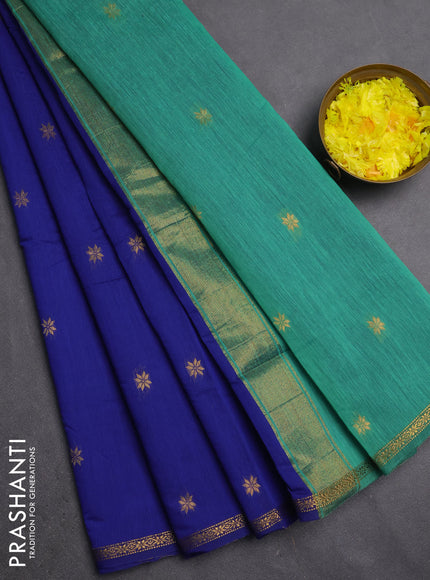 Semi maheswari cotton saree blue and teal green with zari woven buttas and small zari woven border