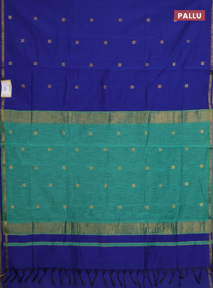 Semi maheswari cotton saree blue and teal green with zari woven buttas and small zari woven border