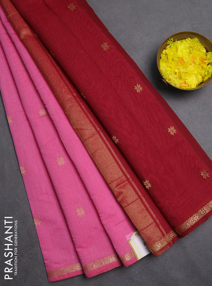 Semi maheswari cotton saree pink and maroon with zari woven buttas and small zari woven border
