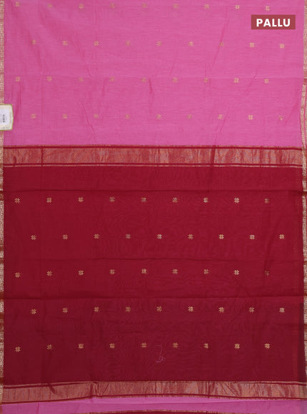 Semi maheswari cotton saree pink and maroon with zari woven buttas and small zari woven border