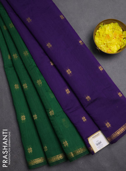 Semi maheswari cotton saree green and violet with zari woven buttas and small zari woven border