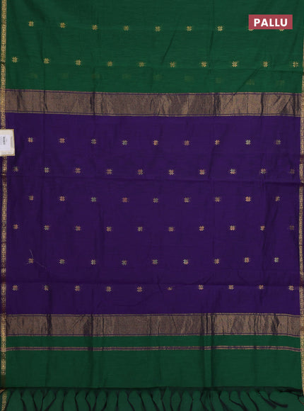 Semi maheswari cotton saree green and violet with zari woven buttas and small zari woven border