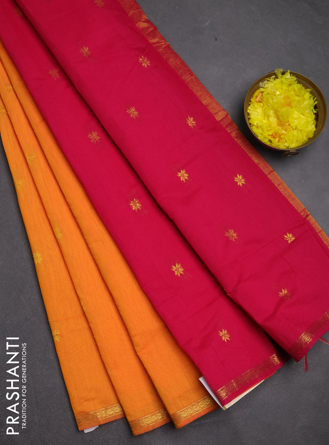 Semi maheswari cotton saree orange and pink with zari woven buttas and small zari woven border