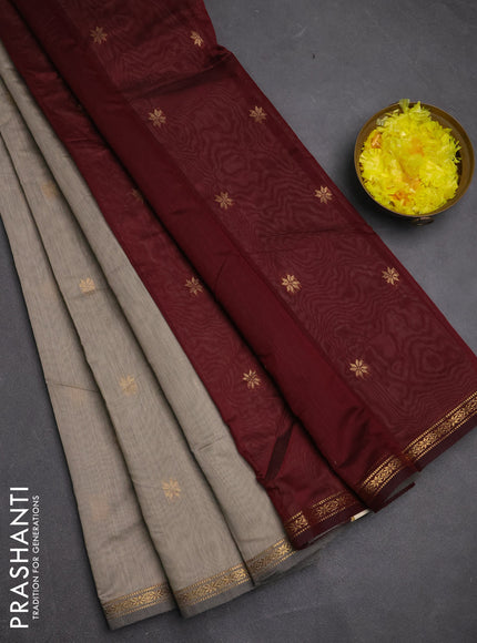 Semi maheswari cotton saree beige and maroon with zari woven buttas and small zari woven border