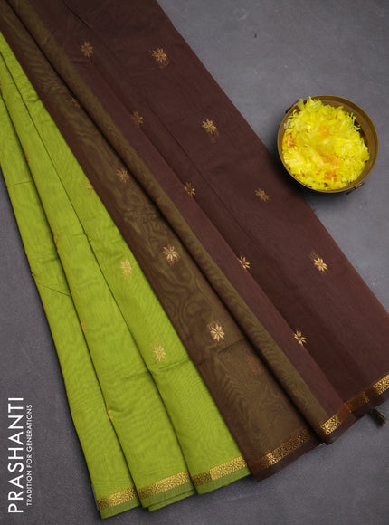 Semi maheswari cotton saree lime green and coffee brown with zari woven buttas and small zari woven border