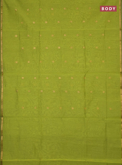 Semi maheswari cotton saree lime green and coffee brown with zari woven buttas and small zari woven border