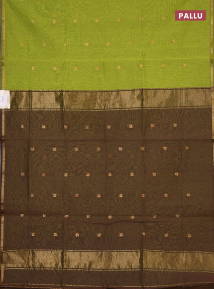 Semi maheswari cotton saree lime green and coffee brown with zari woven buttas and small zari woven border