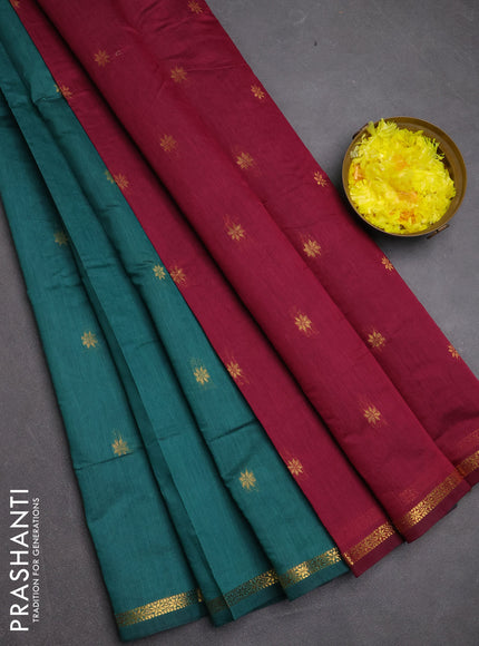 Semi maheswari cotton saree peacock green and maroon with zari woven buttas and small zari woven border