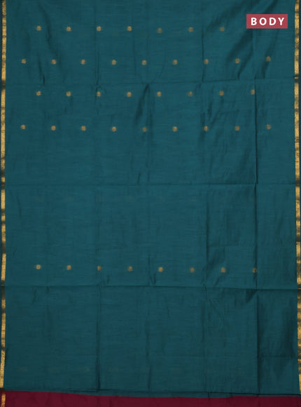 Semi maheswari cotton saree peacock green and maroon with zari woven buttas and small zari woven border