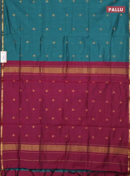 Semi maheswari cotton saree peacock green and maroon with zari woven buttas and small zari woven border