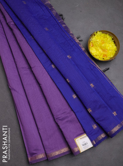 Semi maheswari cotton saree violet and navy blue with zari woven buttas and small zari woven border
