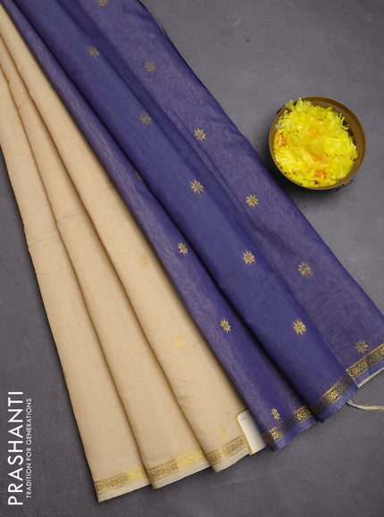 Semi maheswari cotton saree beige and blue with zari woven buttas and small zari woven border