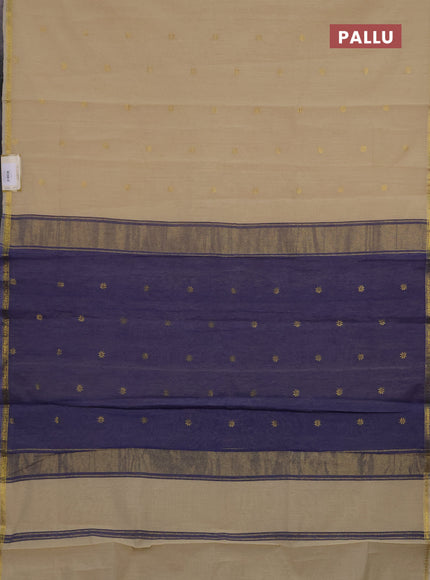 Semi maheswari cotton saree beige and blue with zari woven buttas and small zari woven border