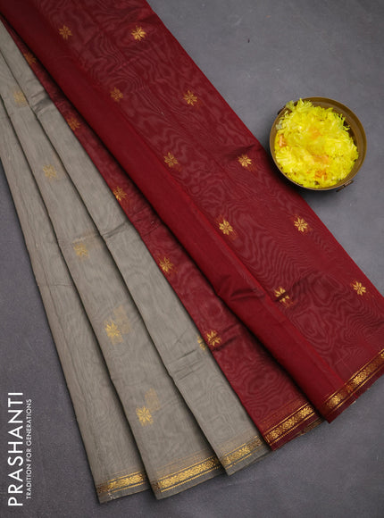 Semi maheswari cotton saree grey and maroon with zari woven buttas and small zari woven border