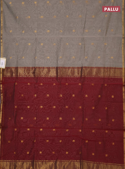 Semi maheswari cotton saree grey and maroon with zari woven buttas and small zari woven border