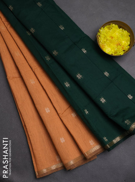 Semi maheswari cotton saree orange and bottle green with zari woven buttas and small zari woven border