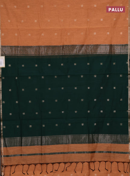 Semi maheswari cotton saree orange and bottle green with zari woven buttas and small zari woven border