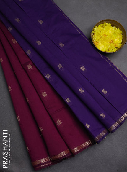 Semi maheswari cotton saree purple and violet with zari woven buttas and small zari woven border