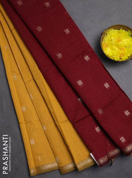 Semi maheswari cotton saree mustard yellow and maroon with zari woven buttas and small zari woven border