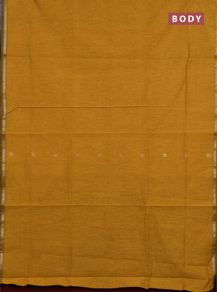 Semi maheswari cotton saree mustard yellow and maroon with zari woven buttas and small zari woven border