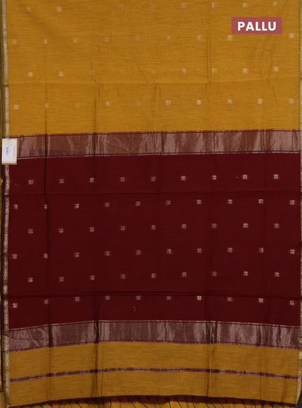 Semi maheswari cotton saree mustard yellow and maroon with zari woven buttas and small zari woven border