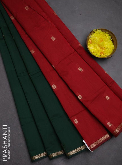 Semi maheswari cotton saree bottle green and maroon with zari woven buttas and small zari woven border