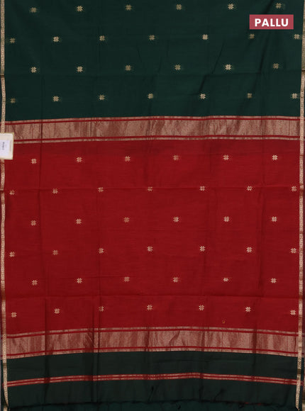 Semi maheswari cotton saree bottle green and maroon with zari woven buttas and small zari woven border