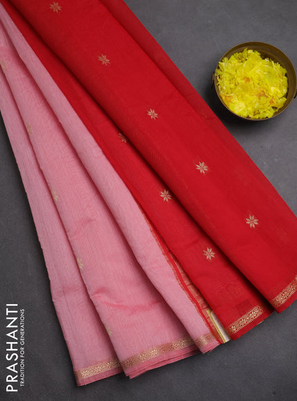 Semi maheswari cotton saree peach and red with zari woven buttas and small zari woven border