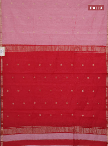 Semi maheswari cotton saree peach and red with zari woven buttas and small zari woven border