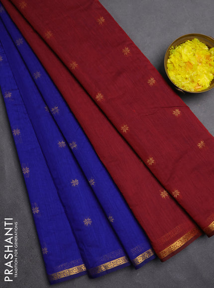 Semi maheswari cotton saree blue and maroon with zari woven buttas and small zari woven border