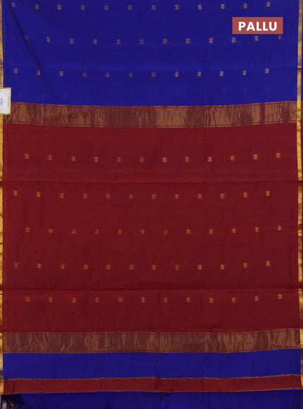 Semi maheswari cotton saree blue and maroon with zari woven buttas and small zari woven border