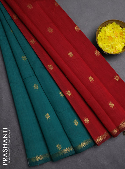 Semi maheswari cotton saree teal green and maroon with zari woven buttas and small zari woven border