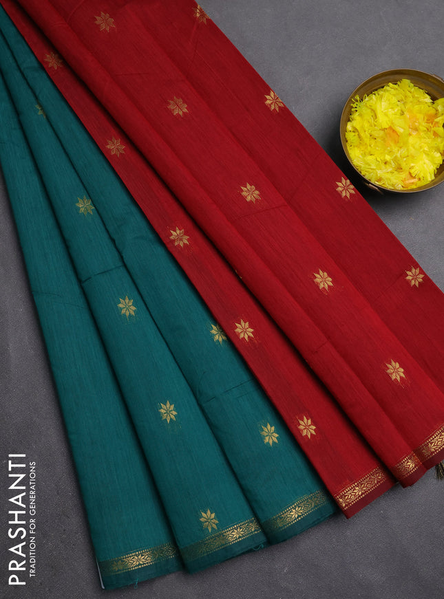 Semi maheswari cotton saree teal green and maroon with zari woven buttas and small zari woven border
