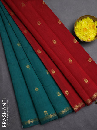 Semi maheswari cotton saree teal green and maroon with zari woven buttas and small zari woven border