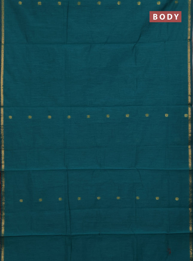 Semi maheswari cotton saree teal green and maroon with zari woven buttas and small zari woven border