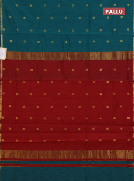Semi maheswari cotton saree teal green and maroon with zari woven buttas and small zari woven border