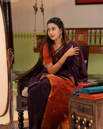 Semi maheswari cotton saree deep purple and rustic orange with zari woven buttas and small zari woven border