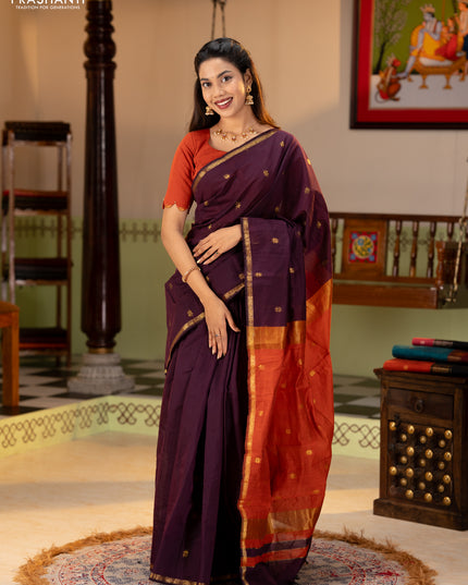 Semi maheswari cotton saree deep purple and rustic orange with zari woven buttas and small zari woven border