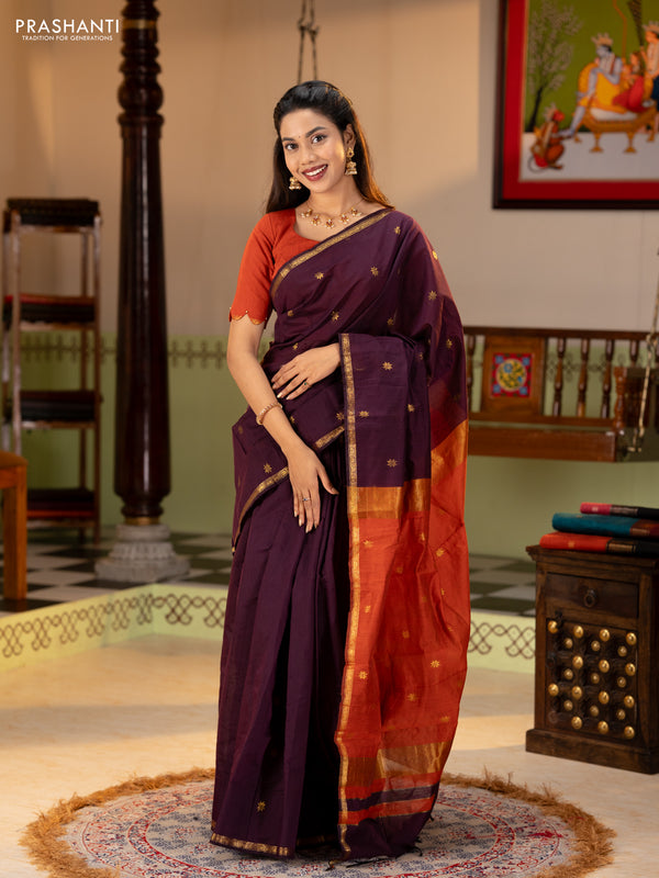 Semi maheswari cotton saree deep purple and rustic orange with zari woven buttas and small zari woven border