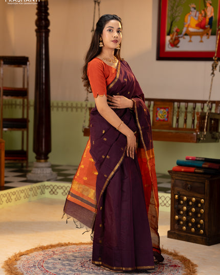Semi maheswari cotton saree deep purple and rustic orange with zari woven buttas and small zari woven border