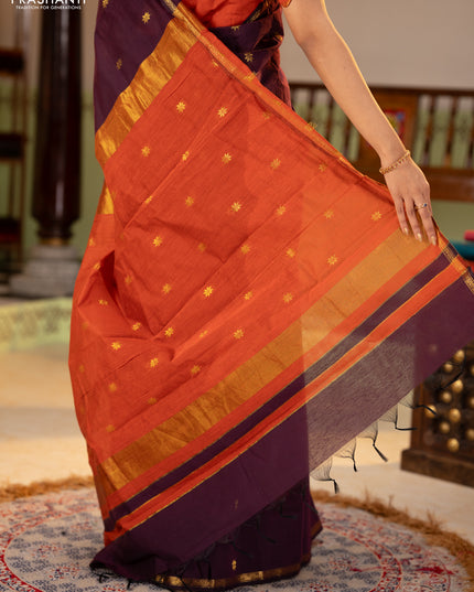 Semi maheswari cotton saree deep purple and rustic orange with zari woven buttas and small zari woven border