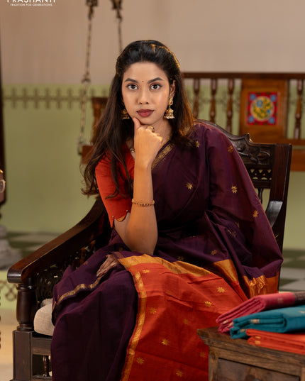 Semi maheswari cotton saree deep purple and rustic orange with zari woven buttas and small zari woven border