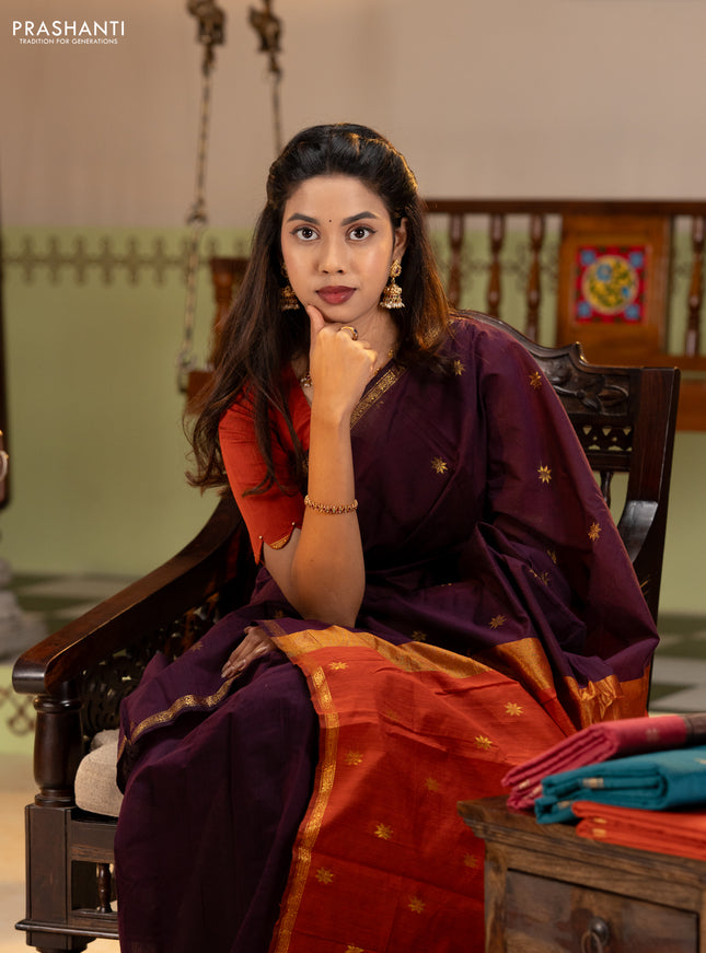 Semi maheswari cotton saree deep purple and rustic orange with zari woven buttas and small zari woven border
