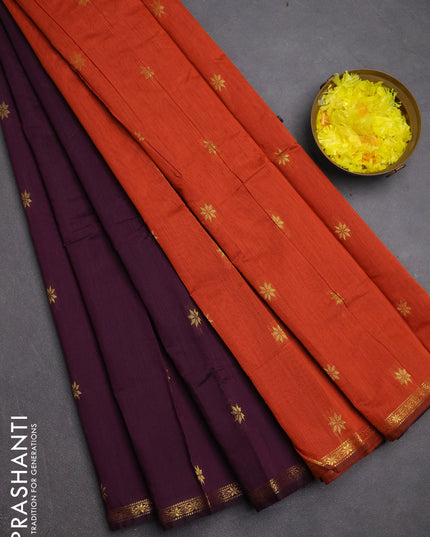 Semi maheswari cotton saree deep purple and rustic orange with zari woven buttas and small zari woven border